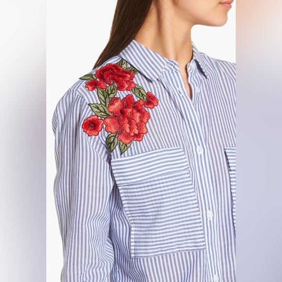 RAILS Revolve Frances Banker Stripe With Floral Patches MED Button Down Oxford - Picture 6 of 16